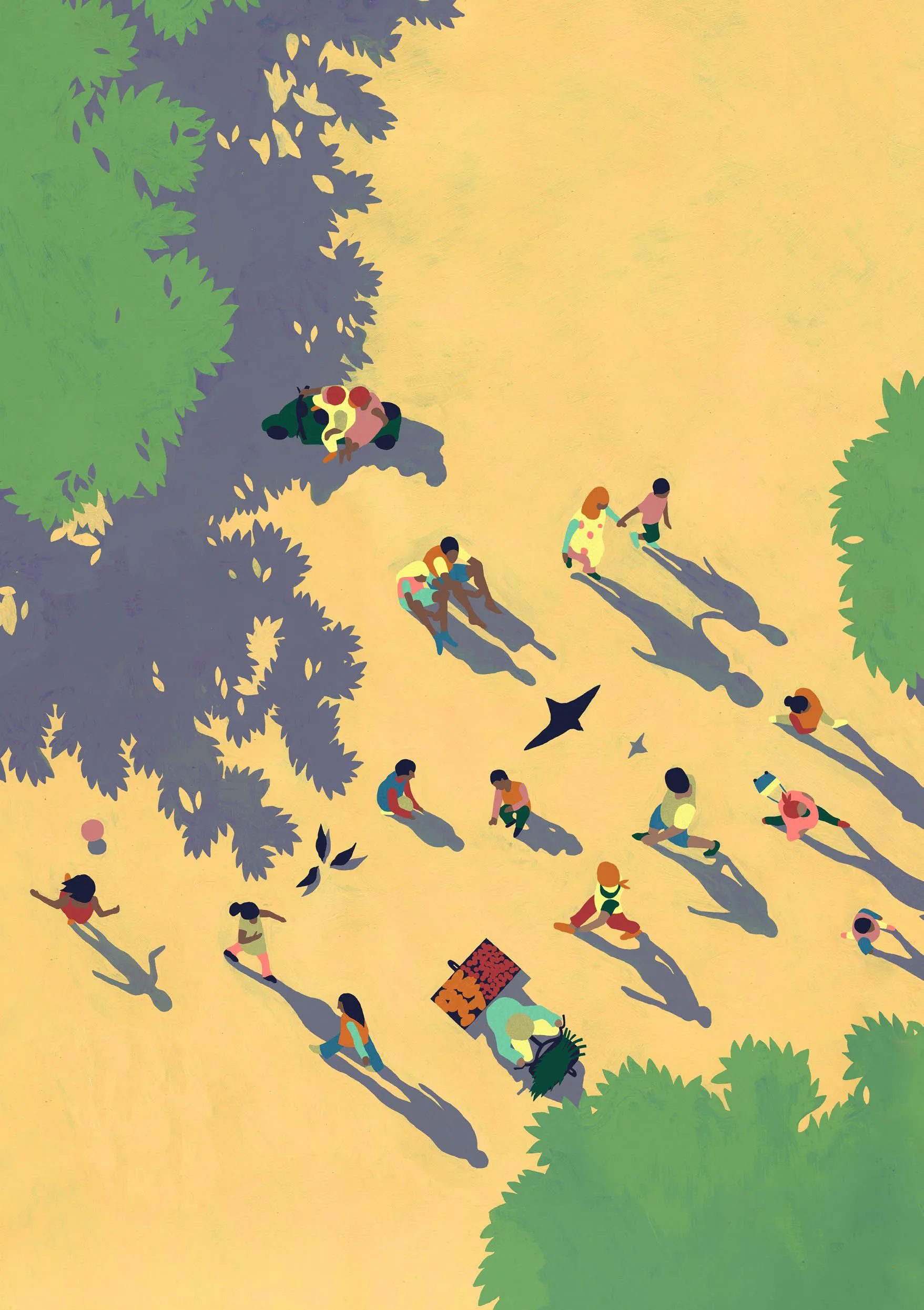 Affiche du festival : vue d’en haut, des personnes marchent et jouent sur une place ensoleillée, à l’ombre des arbres.